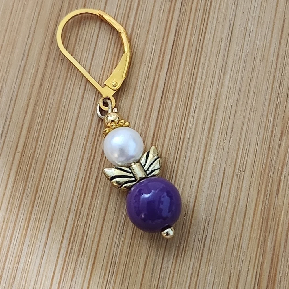 Hand Crafted Gold and Purple Beaded Earrings Pierced Dangle Angel